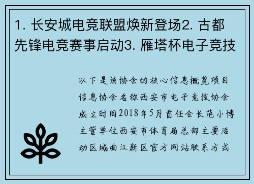 1. 长安城电竞联盟焕新登场2. 古都先锋电竞赛事启动3. 雁塔杯电子竞技盛会启幕4. 秦川电竞文化交流计划发布