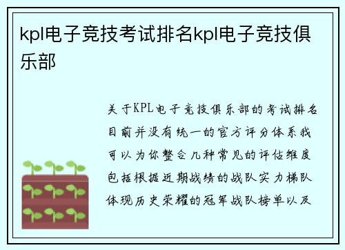 kpl电子竞技考试排名kpl电子竞技俱乐部